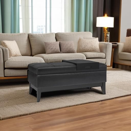 SIMPLIHOME Oregon Storage Ottoman Bench with Tray - 42 inch Wide Upholstered Vegan Leather Rectangle Ottoman Bench in Distressed Black, Transitional Tufted Ottoman for Living Room with Lift-Up Lid