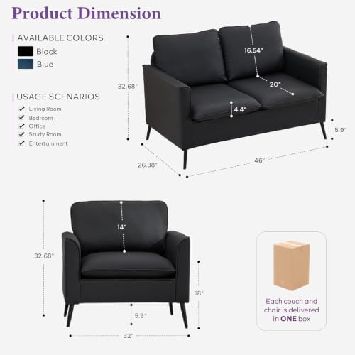 TYBOATLE Leather Loveseat Sofa and Accent Chair Set (Black, 2)