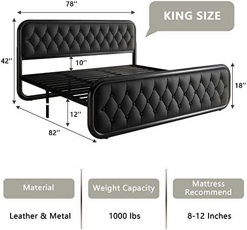 Feonase King Size Bed Frame, Upholstered Bed Frame with Faux Leather Headboard, Heavy Duty Platform Bed with Strong Metal Slats, 12 Inch Under-Bed Storage, Noise-Free, Easy Assembly, Black