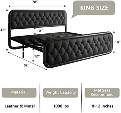 Feonase King Size Bed Frame, Upholstered Bed Frame with Faux Leather Headboard, Heavy Duty Platform Bed with Strong Metal Slats, 12 Inch Under-Bed Storage, Noise-Free, Easy Assembly, Black