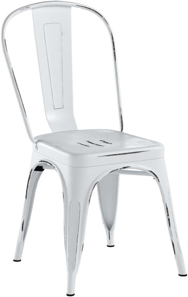 Furmax Metal Dining Chair Indoor Outdoor Use Stackable Chic Side Classic Trattoria Metal Chairs Set of 4 for Kitchen, Dining Room, Bistro and Cafe (Distressed White)