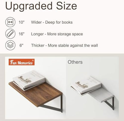 10 Inch Deep Floating Shelves, Walnut Floating Shelf 16 Inch Long, 16" W x 10" D Wall Shelves Set of 2, Deep Shelves for Books, Wide Floating Shelves for Bahtoom, Living Room, Kitchen