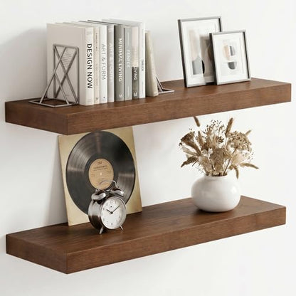 fuqing 20 Inch Floating Shelves 6.7'' Deep Dark Wood Wall Shelves Set of 2