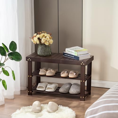 Apicizon Bamboo Shoe Rack Bench, 3-Tier Entryway Organizer, Brown