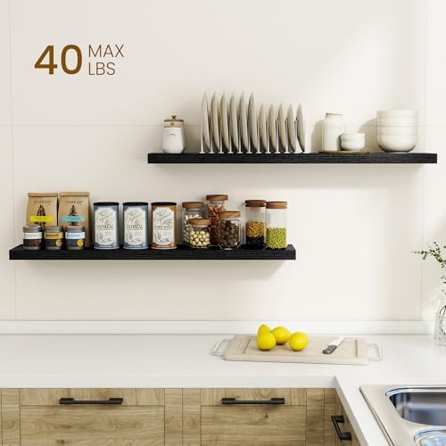 Dreamland 40Inch Floating Shelves for Wall, Rustic Wooden Black Floating Shelves for Living Room, Kitchen, Farmhouse, Deep Wall Mounted Book Shelf, Wood Storage Display Shelf for Home Decor, Set of 2