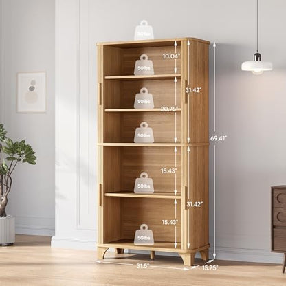 Decofy 69" Tall Kitchen Pantry Storage Cabinet with Sliding Door, Modern Curved Edge Pantry Storage Cabinet with 5 Shelves, Cupboard for the Kitchen, Dining Room, Bedroom, Living Room, Office (Oak)