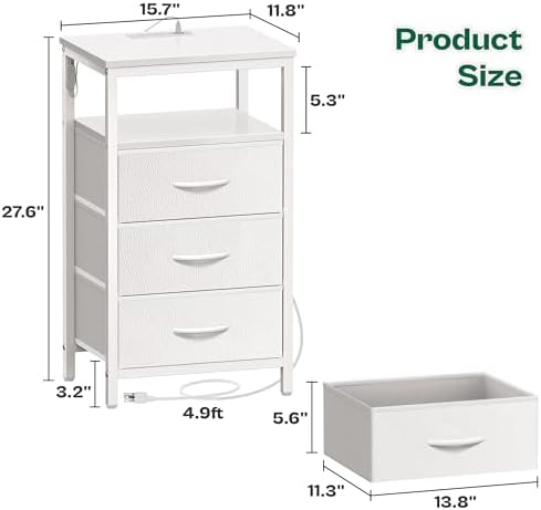Huuger Night Stand with Charger Station and LED Lights, 3 Drawer Nightstand