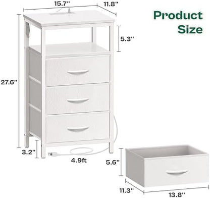 Huuger Night Stand with Charger Station and LED Lights, 3 Drawer Nightstand