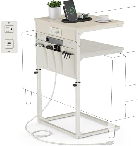 Vagusicc C-Shaped End Table with Charging Station, Small Side Table for Couch, 33" Tall C Table Adjustable Height Side Table, Couch Tables that Slide Under, Sofa Table TV Tray for Living Room, Cream