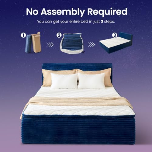 Queen Boneless Bed Frame with Mattress, 16 Inch Memory Foam Mattress with Plush Fabric Upholstered Bed Frame Platform, No Assembly Required,Cool Night & Relieve Pressure with Medium Support, Blue