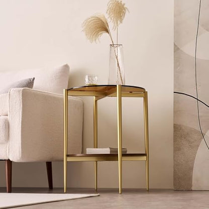 D18in Round Glass End Table, Mid-Century Modern Design Side Table for Living Room, D18xH23inch, Amber Glass and Walnut MDF Wood, Conical Legs with Gold Finish Frame