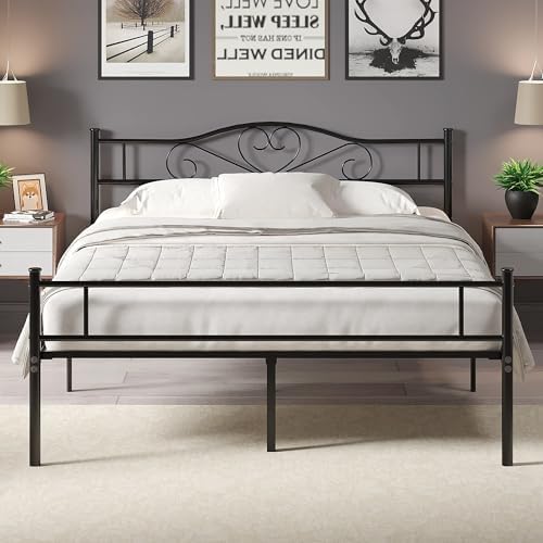 VECELO Queen Size Metal Platform Bed Frame with Headboard and Footboard, Heavy Duty Mattress Foundation with Steel Slats Support, No Box Spring Needed, Black