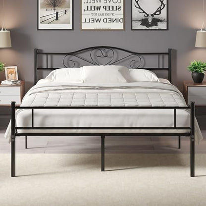 VECELO Queen Size Metal Platform Bed Frame with Headboard and Footboard, Heavy Duty Mattress Foundation with Steel Slats Support, No Box Spring Needed, Black