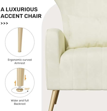 Nebuaegis Velvet Accent Chair Wingback for Living Room, High Back Arm Chair with Golden Legs Lumbar Pillow, Upholstered Single Sofa Bedroom Beige