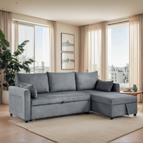 Sectional Sleeper Sofa with Pull Out Bed, LShape Convertible Sofa Bed Couch with Storage Chaise, 3 in 1 Pull Out Sofa Bed with 3 Seats, for Living Room,Apartment, Gray, 85Inch