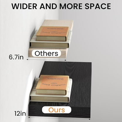 12" Deep Floating Shelves for Wall, 30" Long Black Wood Wall Shelves, Set of 2, 2" Thick Rustic Storage & Display Shelves with Invisible Brackets for Living Room Bedroom Kitchen
