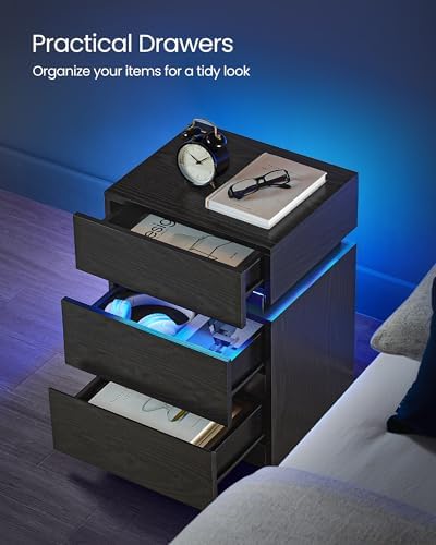 VASAGLE LED Nightstand with Charging Station, Set of 2, 3 Drawers