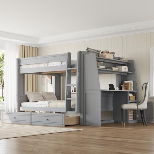Full Over Full Bunk Bed with Desk,Drawers, Bookshelves,Gray