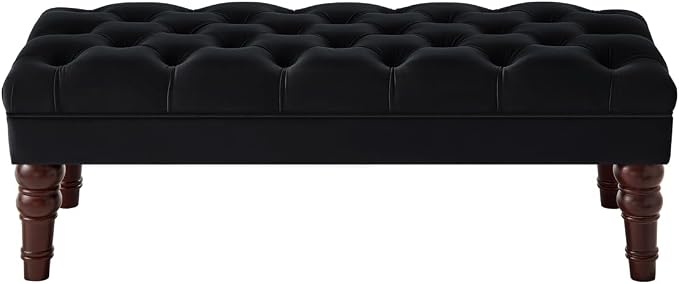 24KF Velvet Upholstered Buttons Tufted Entryway Bench with Solid Wood Leg,Bed Bench Ottoman with Padded Seat,5061N-Black