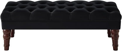24KF Velvet Upholstered Buttons Tufted Entryway Bench with Solid Wood Leg,Bed Bench Ottoman with Padded Seat,5061N-Black