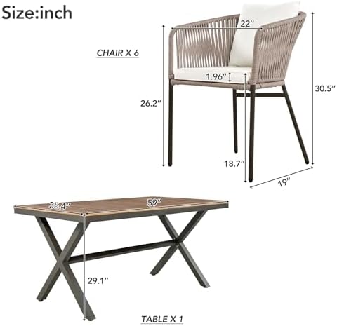 7-Piece Patio Dining Set for 6, Outdoor Patio Furniture Set, Beige