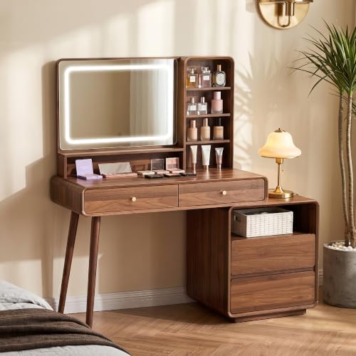 Walnut Makeup Vanity Desk with Mirror and Lights, Modern Wood Vanity Table
