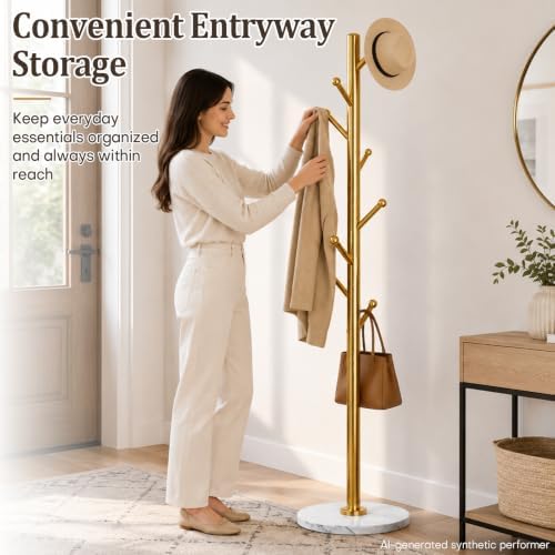 Homde Metal Coat Rack Stand: Natural Marble Base with 8 Hooks (Golden)