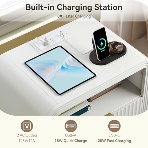 Decofy Fluted Nightstand with Charging Station, 2 Drawers, White
