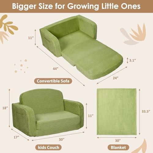 Extra Wide 2 in 1 Convertible Toddler Kids Couch - Corduroy Fold Out Kids Sofa Chair with Blanket, Comfy Comfortable Toddler Chair, Machine-Washable Cover, for Boys Girls, Green