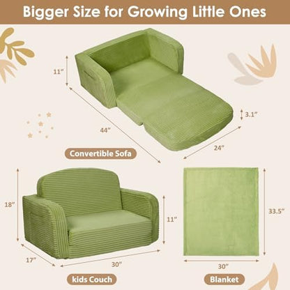 Extra Wide 2 in 1 Convertible Toddler Kids Couch - Corduroy Fold Out Kids Sofa Chair with Blanket, Comfy Comfortable Toddler Chair, Machine-Washable Cover, for Boys Girls, Green