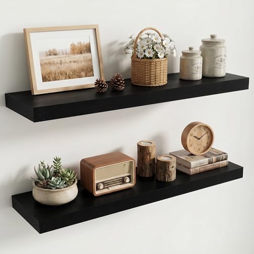 Wood Floating Shelves Set of 2, Rustic Pine Wood Floating Shelves for Wall Mounting, Wide Wall Shelf for Home Decor and Storage, 36" W x 7" D, Black