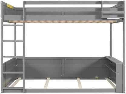 Queen over Queen Bunk Bed with Ladders, Solid Wood Bunk Beds with LED Lights, Built-in Shelves and USB Ports, Floor Bunk Bed Frame for Kids, Boys, Girls, No Spring Box Needed, Gray