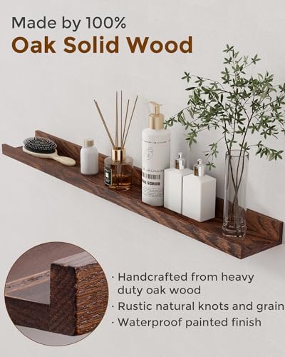 Oak Picture Ledge Shelf, 36 Inch Floating Shelves Set of 2, Solid Oak Wood Wall Shelves with Lip, Wall Decor Storage for Bedroom Living Room Bathroom Kitchen Nursery Photo Picture, Walnut
