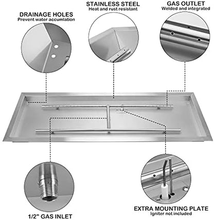 Stanbroil 24 x 8 Inch Rectangular Drop-in Fire Pit Pan with H-Burner,
