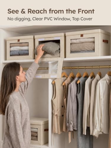 Large Closet Storage Bins - Collapsible Storage Bins with Handles & Window, Decorative Boxes with Lids, Fabric Cubes for Living Room, Dorm, 1 Pack, Beige