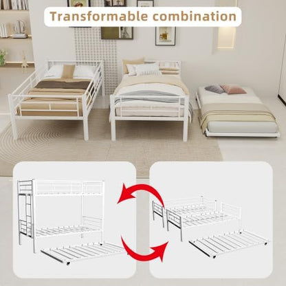 SDHYL Twin Over Twin Bunk Bed with Trundle, Heavy Duty Metal Bunk Beds Frame with Safety Guardrail & Ladder, Noise Reduced, No Box Spring Needed, Space-Saving, White
