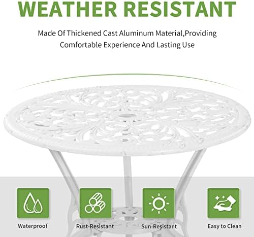 3 Piece Cast Aluminum Bistro Table and Chairs Set of 2 with Umbrella Hole Outdoor Bistro Set for Yard,Withe