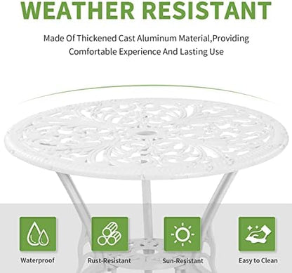 3 Piece Cast Aluminum Bistro Table and Chairs Set of 2 with Umbrella Hole Outdoor Bistro Set for Yard,Withe