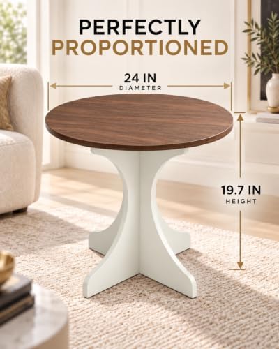24in Modern Round Side Table Accent End Table Coffee Table with Walnut Wood Grain Tabletop & White Curved Base for Living Room Bedroom Sofa Corner, Pedestal Nightstand for Indoor/Outdoor
