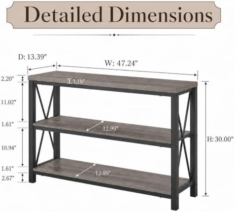 BON AUGURE 47In Entryway Table, 3-Tier Shelf Sofa Console Table, Grey Oak
