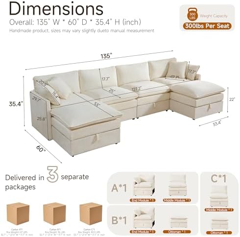 Myroyalsit Modular Sofa with Storage, 135" U Shape Sectional Cloud Couch, Oversized Fabric Couch with Movable Ottoman, 6 Seat Modern Deep Seat Sofa for Living Room (Beige Chenille)