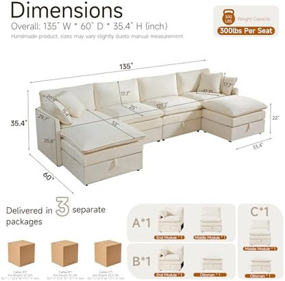 Myroyalsit Modular Sofa with Storage, 135" U Shape Sectional Cloud Couch, Oversized Fabric Couch with Movable Ottoman, 6 Seat Modern Deep Seat Sofa for Living Room (Beige Chenille)