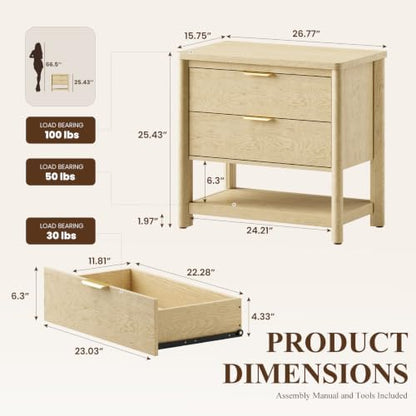 MALOL Night Stand Set of 2 with Open Storage Shelf, Natural Wood