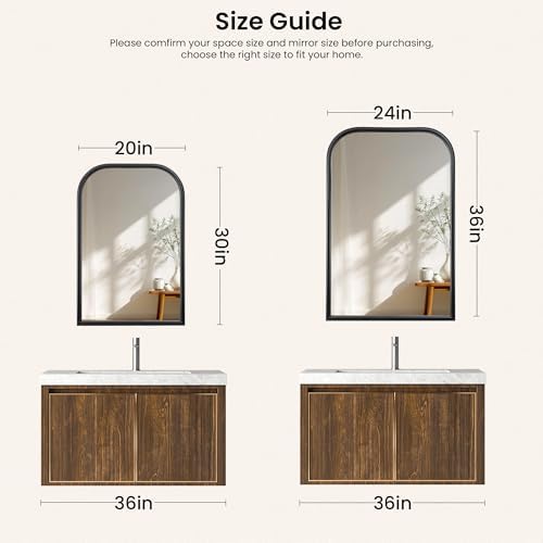 Arch Wall Mirror for Wall Mounted, Tempered Glass, Wood Grain Finish Frame Wall Mirror Decorative for Bedroom Living Room Vanity Mirror (Black, 36" L x 24" W)