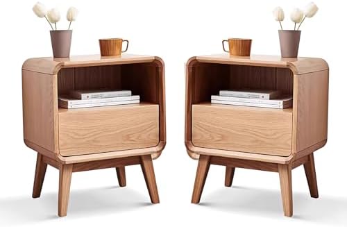 Solid Wood Nightstand Set of 2, Mid Century Modern Nightstands with Drawer, Small Nightstand with Open Storage, Small Bedside Table for Bedroom, Dormitory(Natural Wood Color)