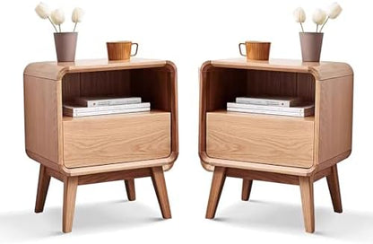 Solid Wood Nightstand Set of 2, Mid Century Modern Nightstands with Drawer, Small Nightstand with Open Storage, Small Bedside Table for Bedroom, Dormitory(Natural Wood Color)