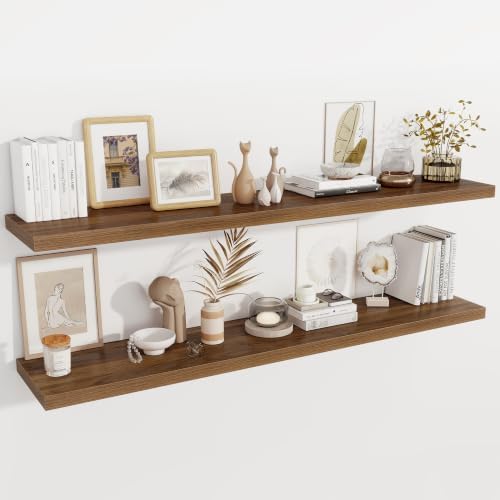 12 Inch Deep Floating Shelves, 67 Inch Long Extra Large Floating Shelves Set of 2, Wood Wall Shelves for Living Room, Kitchen, Bedroom, Farmhouse, Laundry Room, Home Office - Walnut