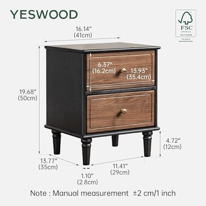 100% Solid Wood Nightstand, Mid Century Modern Night Stand with Drawers, Wooden Nightstands for Bedroom, Small Night Stands Bedside Tables (Black/Walnut, 19.69" H)