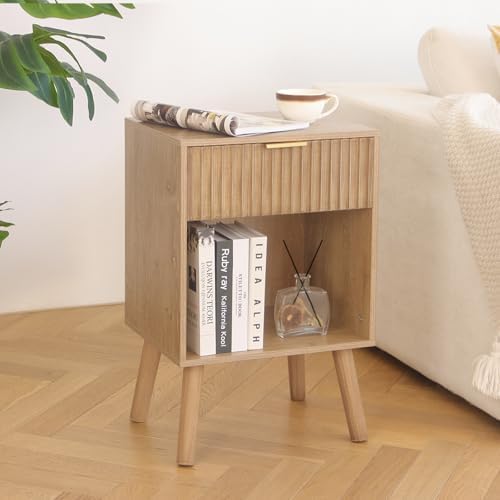 Fluted Night Stand, Modern Bedside Table with Drawer and Open Shelf