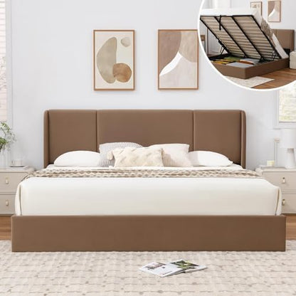 VELOCAVA California King Lift Up Storage Bed Frame, Velvet-Look Upholstered Bed with Modern Wingback Headboard, Hydraulic Lift Storage, Wood Slat Support, No Box Spring Needed, Brown